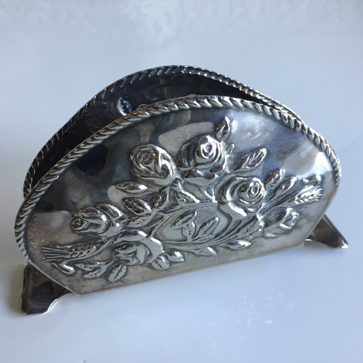 Vintage Silglass E.P. Steel Napkin Letter Holder Silver Roses Pattern