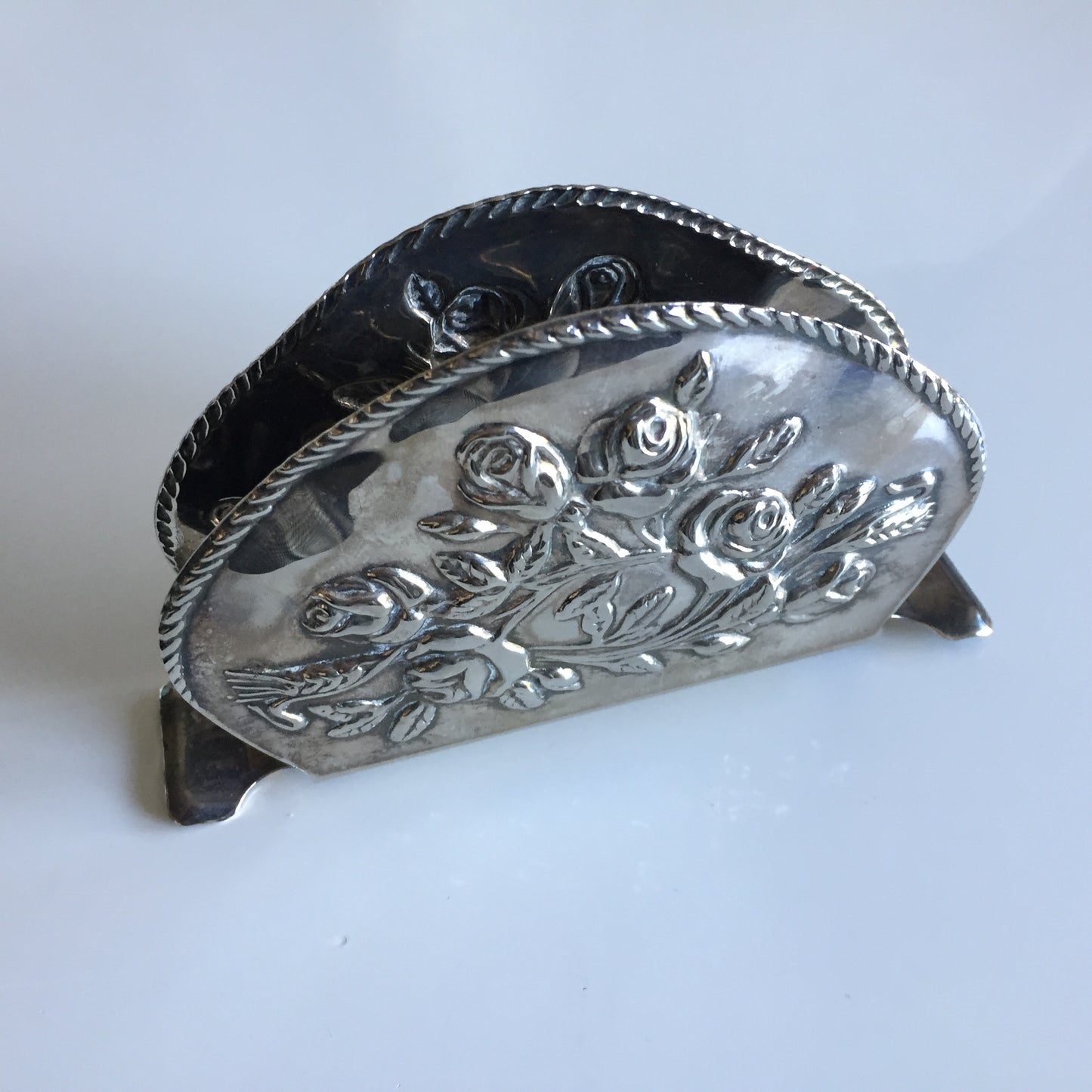 Vintage Silglass E.P. Steel Napkin Letter Holder Silver Roses Pattern