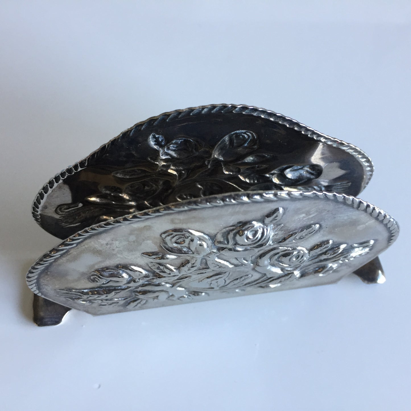 Vintage Silglass E.P. Steel Napkin Letter Holder Silver Roses Pattern