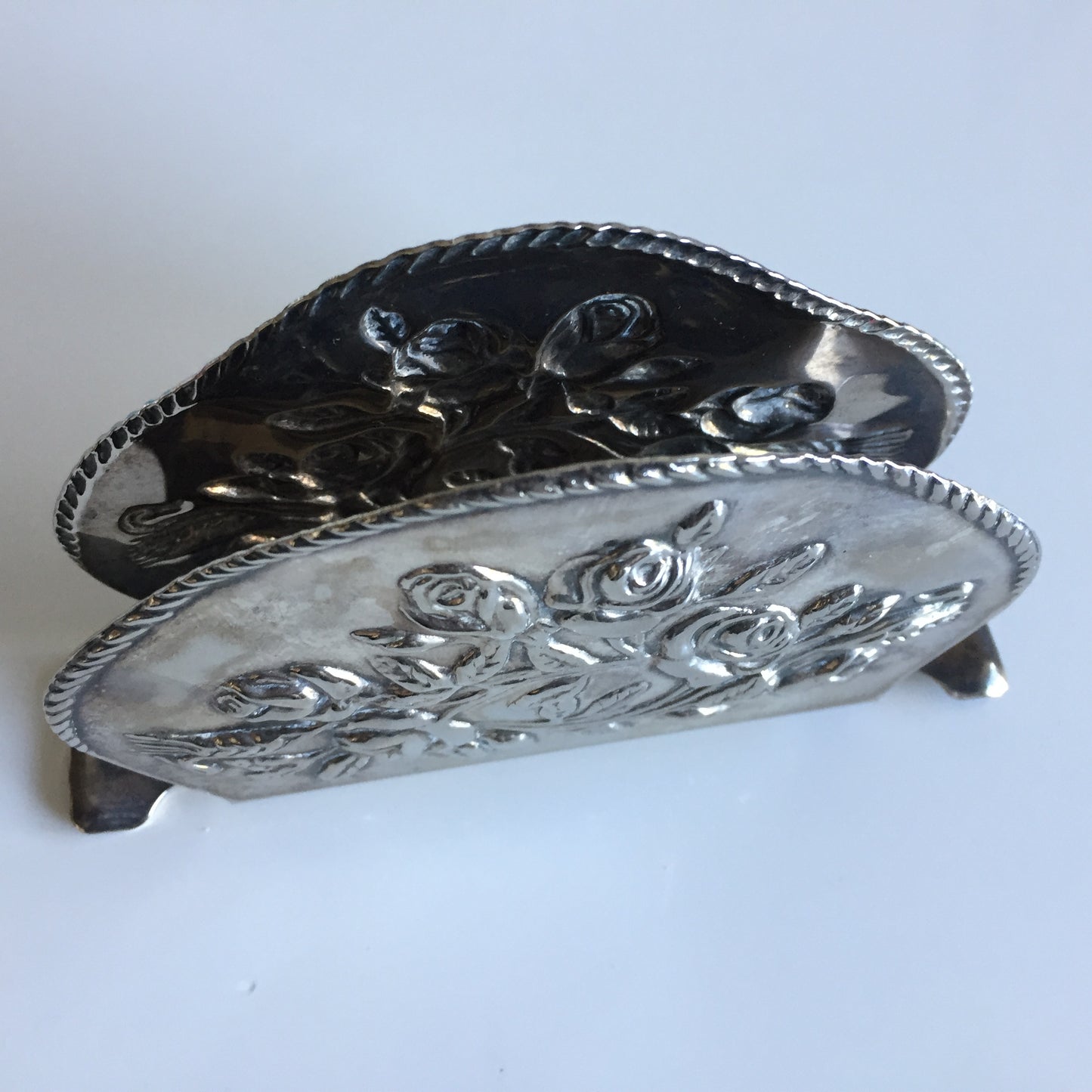 Vintage Silglass E.P. Steel Napkin Letter Holder Silver Roses Pattern