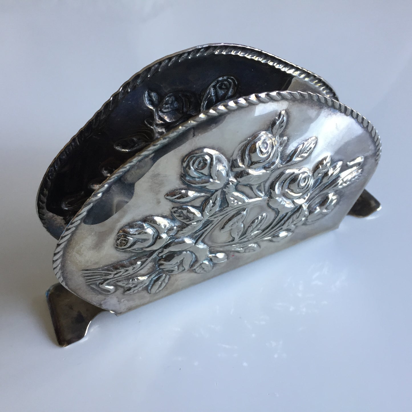 Vintage Silglass E.P. Steel Napkin Letter Holder Silver Roses Pattern