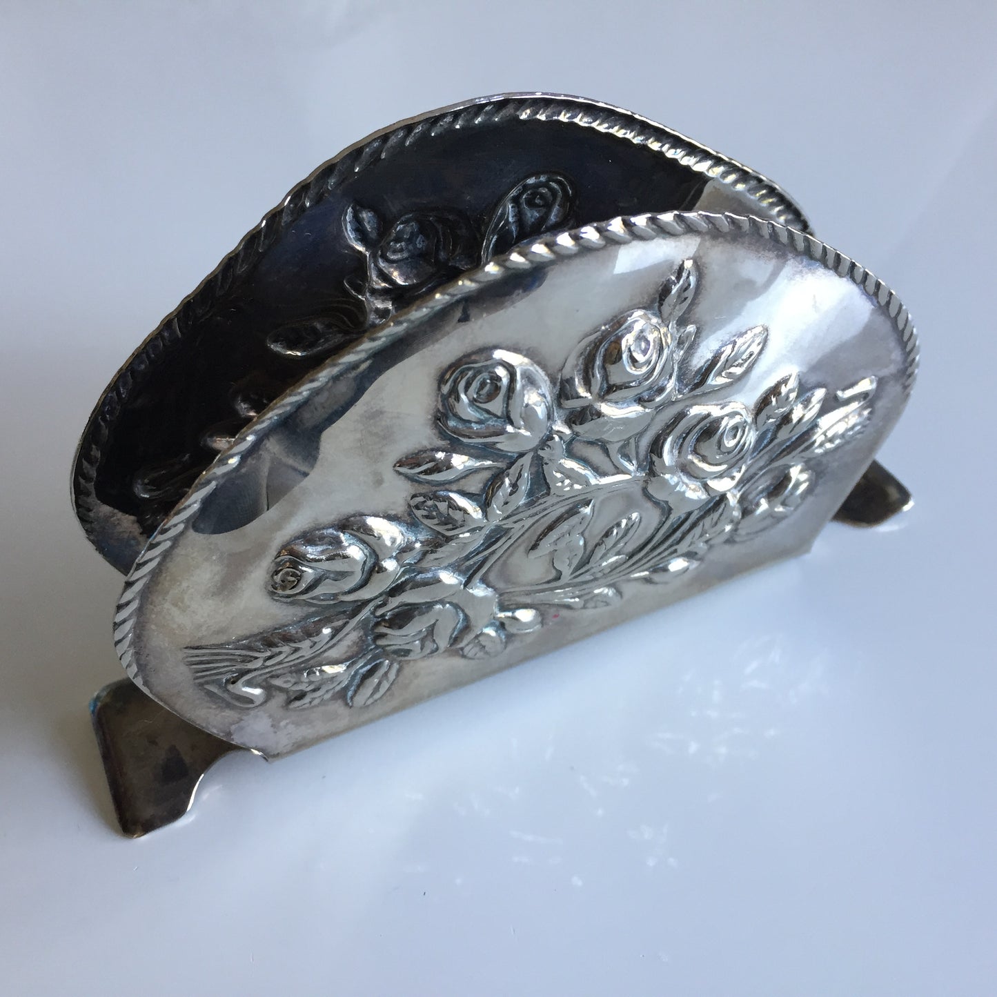 Vintage Silglass E.P. Steel Napkin Letter Holder Silver Roses Pattern