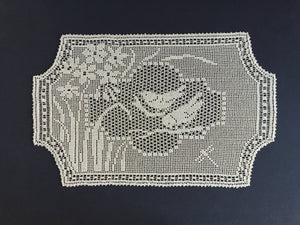 Mary Card Designed "NARCISSUS and TITMOUSE (Java Sparrow)" Large Crochet Lace Tray Cloth Doily - English Chart No. 79