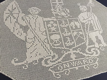 Load image into Gallery viewer, Vintage Filet Crochet Lace Panel: Mary Card, New Zealand Coat of Arms, 1910s Design