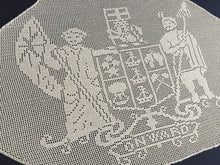 Load image into Gallery viewer, Vintage Filet Crochet Lace Panel: Mary Card, New Zealand Coat of Arms, 1910s Design