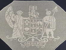 Load image into Gallery viewer, Vintage Filet Crochet Lace Panel: Mary Card, New Zealand Coat of Arms, 1910s Design