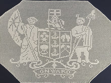 Load image into Gallery viewer, Vintage Filet Crochet Lace Panel: Mary Card, New Zealand Coat of Arms, 1910s Design