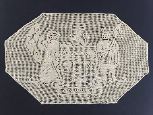 Vintage Filet Crochet Lace Panel: Mary Card, New Zealand Coat of Arms, 1910s Design