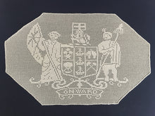 Load image into Gallery viewer, Vintage Filet Crochet Lace Panel: Mary Card, New Zealand Coat of Arms, 1910s Design