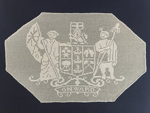 Load image into Gallery viewer, Vintage Filet Crochet Lace Panel: Mary Card, New Zealand Coat of Arms, 1910s Design