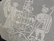 Load image into Gallery viewer, Vintage Filet Crochet Lace Panel: Mary Card, New Zealand Coat of Arms, 1910s Design