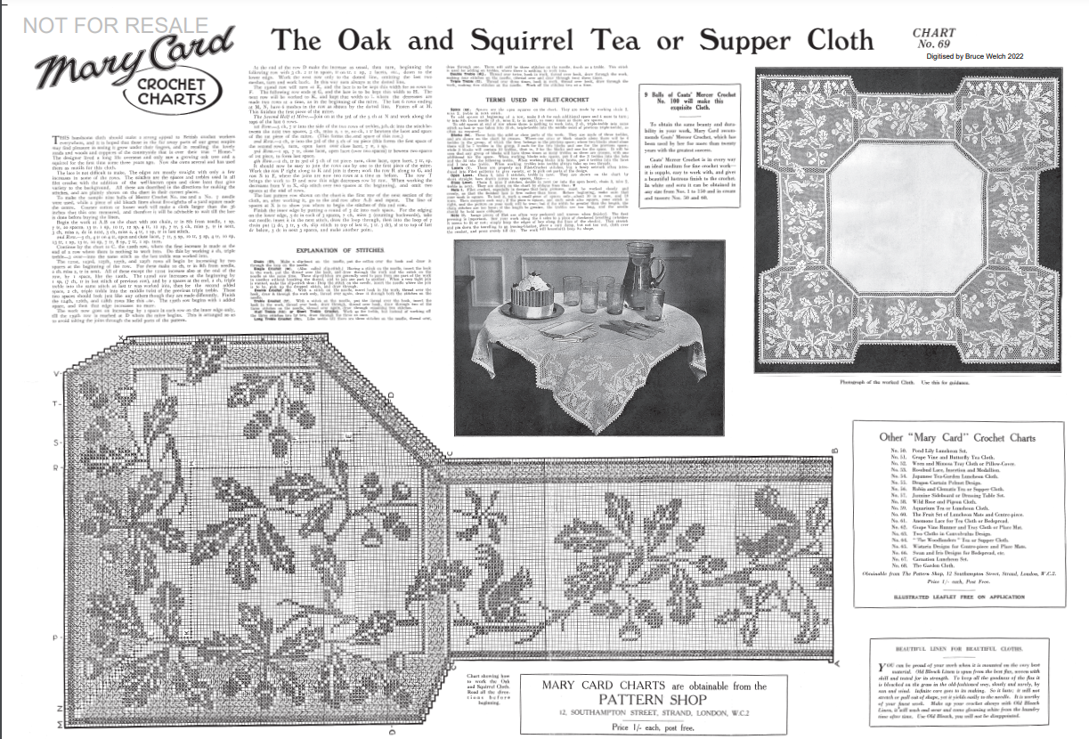 Mary Card Designed "Oak and Squirrel" Chart  No. 69 Antique Filet Crochet Lace and Linen Tablecloth