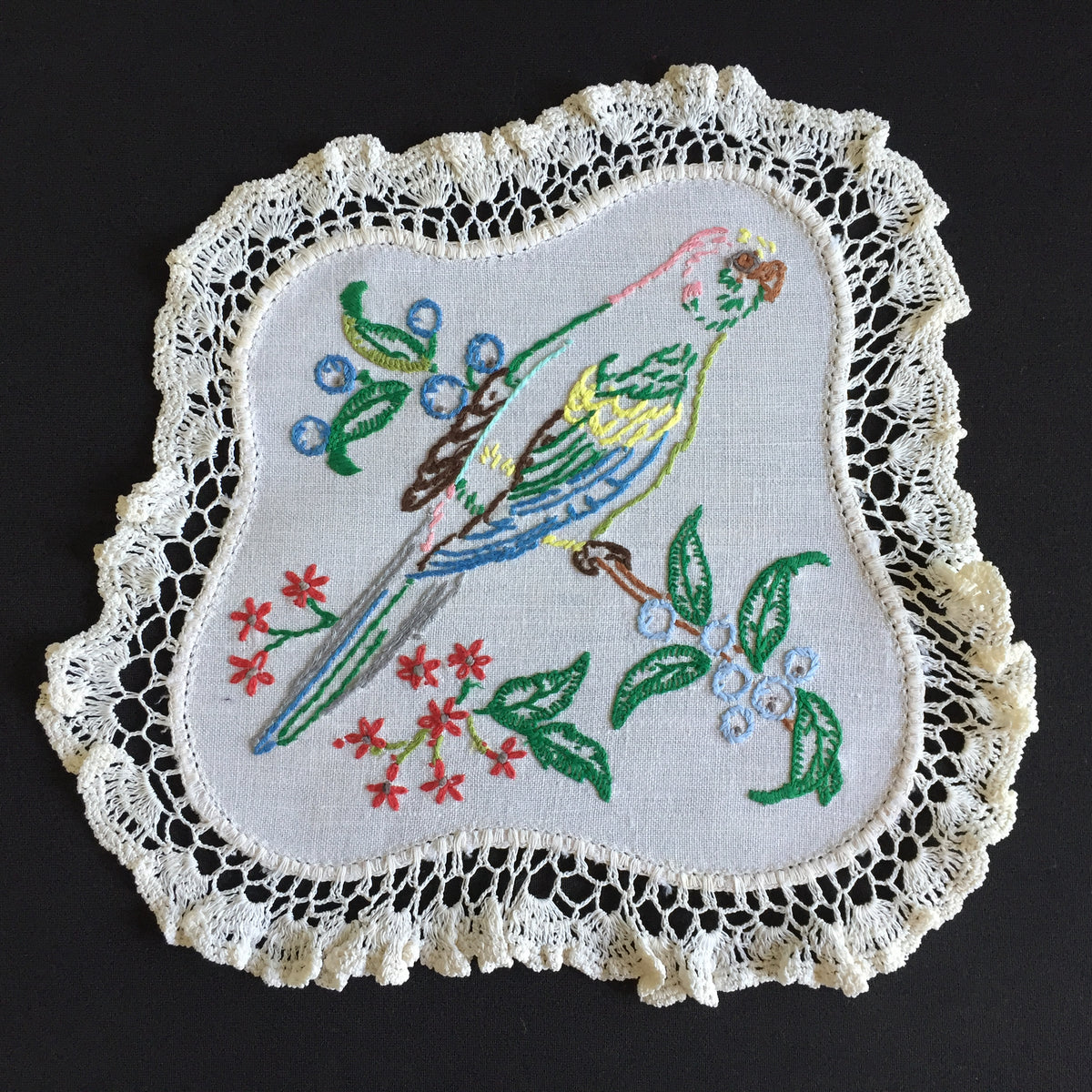 Vintage Hand Embroidered 3 Piece Dressing Table Duchess Set with Birds Design