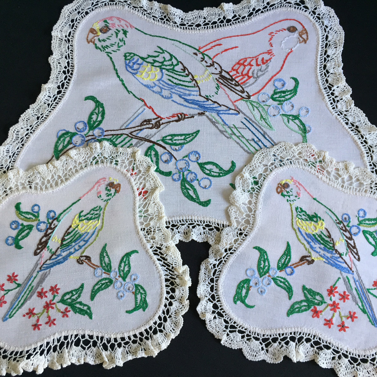 Vintage Hand Embroidered 3 Piece Dressing Table Duchess Set with Birds Design