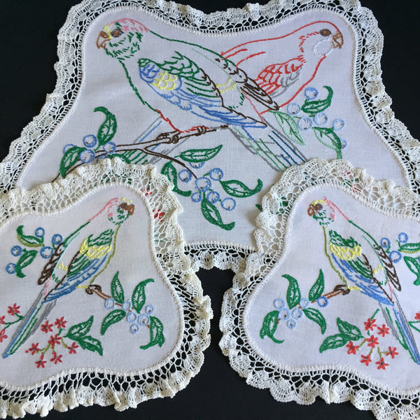 Vintage Hand Embroidered 3 Piece Dressing Table Duchess Set with Birds Design