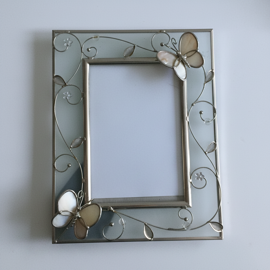 Frosted Glass/Metal Photo Frame 1990s Vintage Butterflies Design