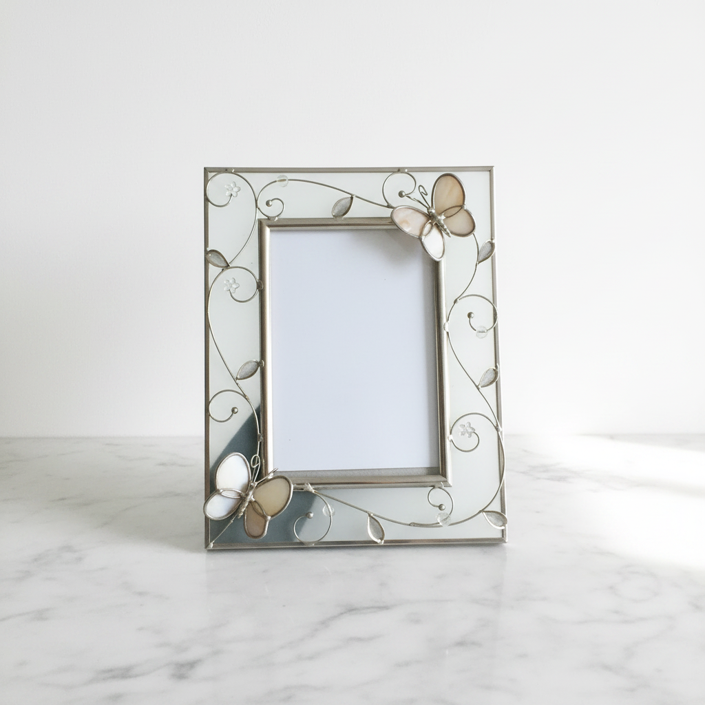 Frosted Glass/Metal Photo Frame 1990s Vintage Butterflies Design
