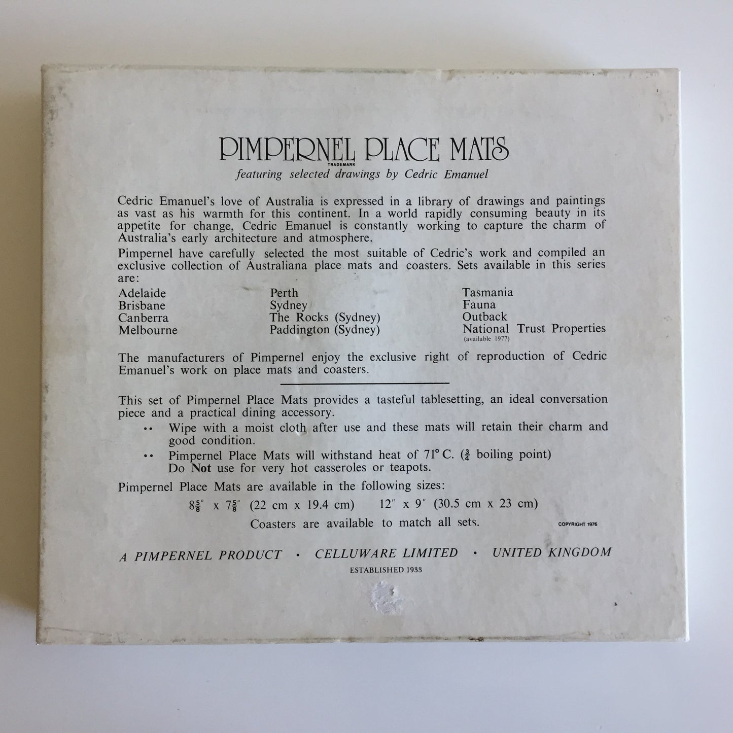 Pimpernel Placemats Set of 6 Featuring Drawings by Cedric Emanuel in Original Box