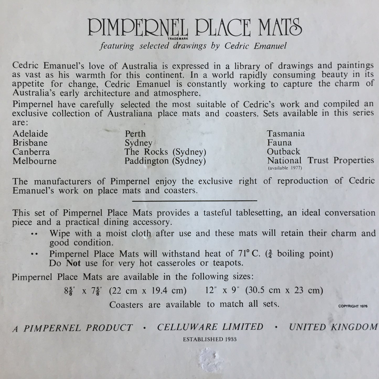 Pimpernel Placemats Set of 6 Featuring Drawings by Cedric Emanuel in Original Box