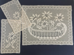 Mary Card "POINSETTIA" Design Chair Cover or Duchess Set (1936) Collectible Handmade Art Deco Filet Crochet Lace