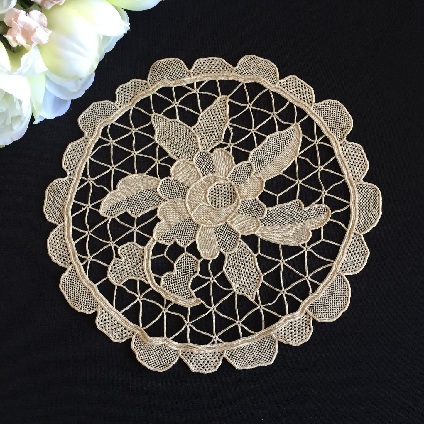 Vintage 9" Beige Venetian Style Burano Needle Lace Doily