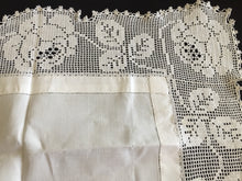 Load image into Gallery viewer, Mary Card Designed &quot;ROSE and ROSEBUD&quot; (1911/12) Collectible Vintage Filet Crochet Lace and Irish Linen Butler&#39;s Cloth