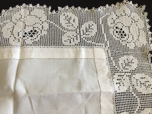 Mary Card Designed "ROSE and ROSEBUD" (1911/12) Collectible Vintage Filet Crochet Lace and Irish Linen Butler's Cloth