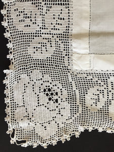 Mary Card Designed "ROSE and ROSEBUD" (1911/12) Collectible Vintage Filet Crochet Lace and Irish Linen Butler's Cloth