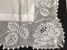 Load image into Gallery viewer, Mary Card Designed &quot;ROSE and ROSEBUD&quot; (1911/12) Collectible Vintage Filet Crochet Lace and Irish Linen Butler&#39;s Cloth