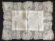 Load image into Gallery viewer, Mary Card Designed &quot;ROSE and ROSEBUD&quot; (1911/12) Collectible Vintage Filet Crochet Lace and Irish Linen Butler&#39;s Cloth