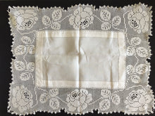 Load image into Gallery viewer, Mary Card Designed &quot;ROSE and ROSEBUD&quot; (1911/12) Collectible Vintage Filet Crochet Lace and Irish Linen Butler&#39;s Cloth