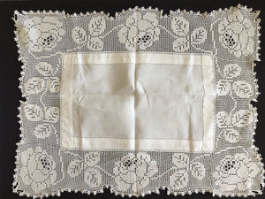 Mary Card Designed "ROSE and ROSEBUD" (1911/12) Collectible Vintage Filet Crochet Lace and Irish Linen Butler's Cloth