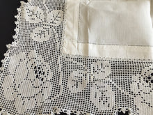 Load image into Gallery viewer, Mary Card Designed &quot;ROSE and ROSEBUD&quot; (1911/12) Collectible Vintage Filet Crochet Lace and Irish Linen Butler&#39;s Cloth