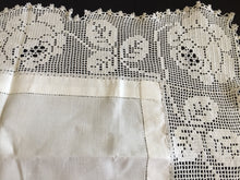 Load image into Gallery viewer, Mary Card Designed &quot;ROSE and ROSEBUD&quot; (1911/12) Collectible Vintage Filet Crochet Lace and Irish Linen Butler&#39;s Cloth