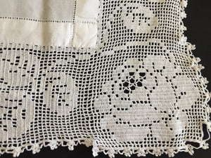 Mary Card Designed "ROSE and ROSEBUD" (1911/12) Collectible Vintage Filet Crochet Lace and Irish Linen Butler's Cloth