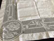 Load image into Gallery viewer, Mary Card Designed &quot;ROSE and ROSEBUD&quot; (1911/12) Small Vintage Filet Crochet Lace and Irish Linen Tablecloth