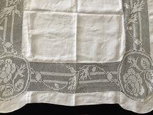 Load image into Gallery viewer, Mary Card Designed &quot;ROSE and ROSEBUD&quot; (1911/12) Small Vintage Filet Crochet Lace and Irish Linen Tablecloth