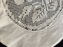 Load image into Gallery viewer, Mary Card Designed &quot;ROSE and ROSEBUD&quot; (1911/12) Small Vintage Filet Crochet Lace and Irish Linen Tablecloth