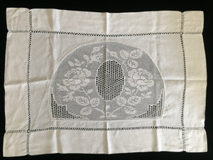 Mary Card Designed "ROSE and ROSEBUD" (1911/12) Collectible Vintage Filet Crochet Lace and Irish Linen Butler's Cloth