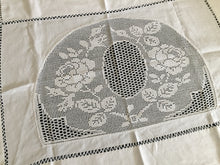 Load image into Gallery viewer, Mary Card Designed &quot;ROSE and ROSEBUD&quot; (1911/12) Collectible Vintage Filet Crochet Lace and Irish Linen Butler&#39;s Cloth