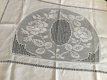 Load image into Gallery viewer, Mary Card Designed &quot;ROSE and ROSEBUD&quot; (1911/12) Collectible Vintage Filet Crochet Lace and Irish Linen Butler&#39;s Cloth