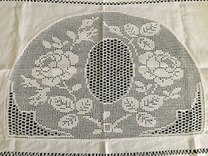 Mary Card Designed "ROSE and ROSEBUD" (1911/12) Collectible Vintage Filet Crochet Lace and Irish Linen Butler's Cloth