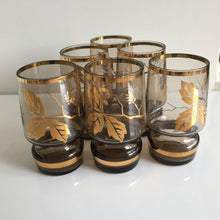 Load image into Gallery viewer, Vintage Bohemian Smoke Glass Shot Glasses Set of 6 | 22k Gold Leaf Design
