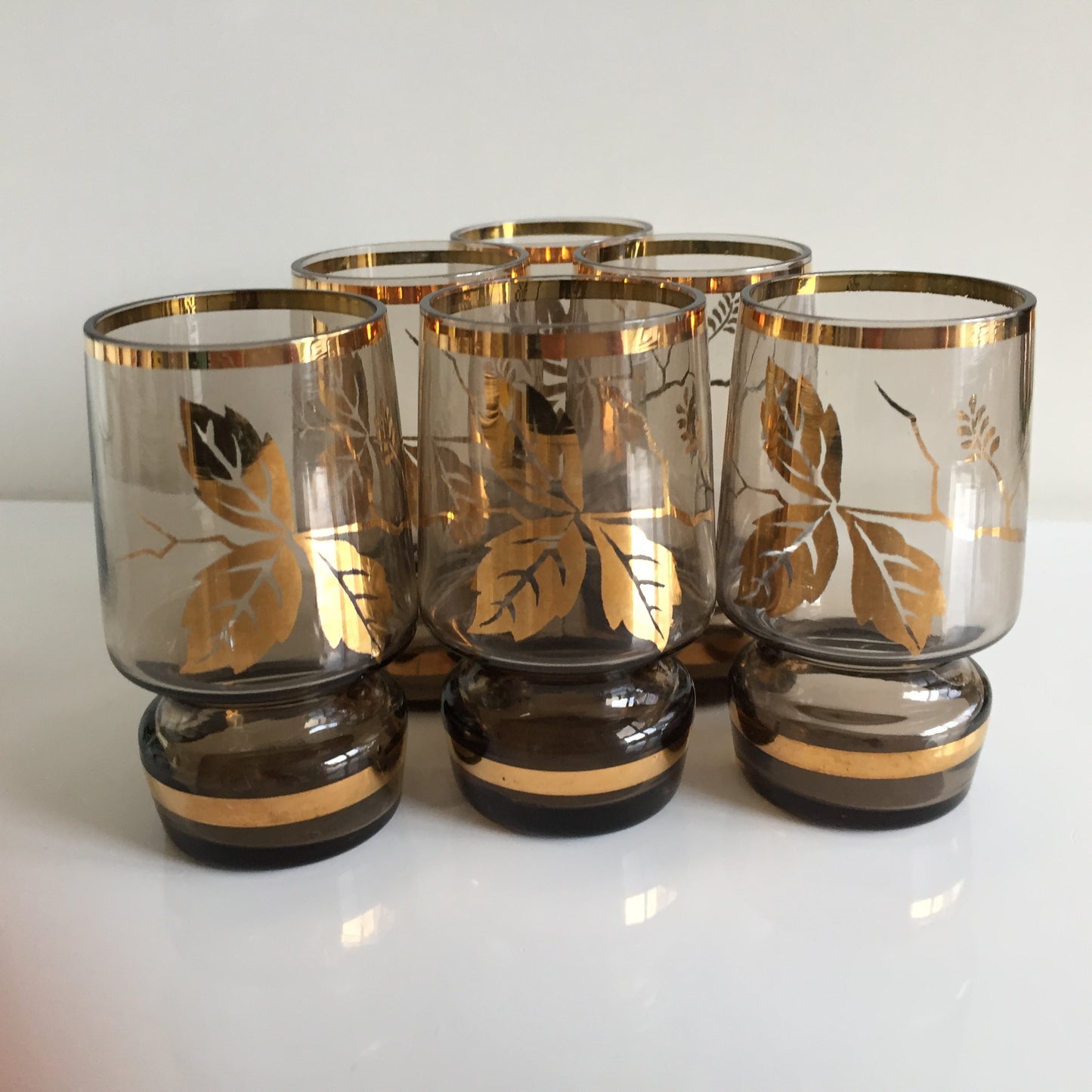Vintage Bohemian Smoke Glass Shot Glasses Set of 6 | 22k Gold Leaf Design