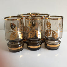 Load image into Gallery viewer, Vintage Bohemian Smoke Glass Shot Glasses Set of 6 | 22k Gold Leaf Design