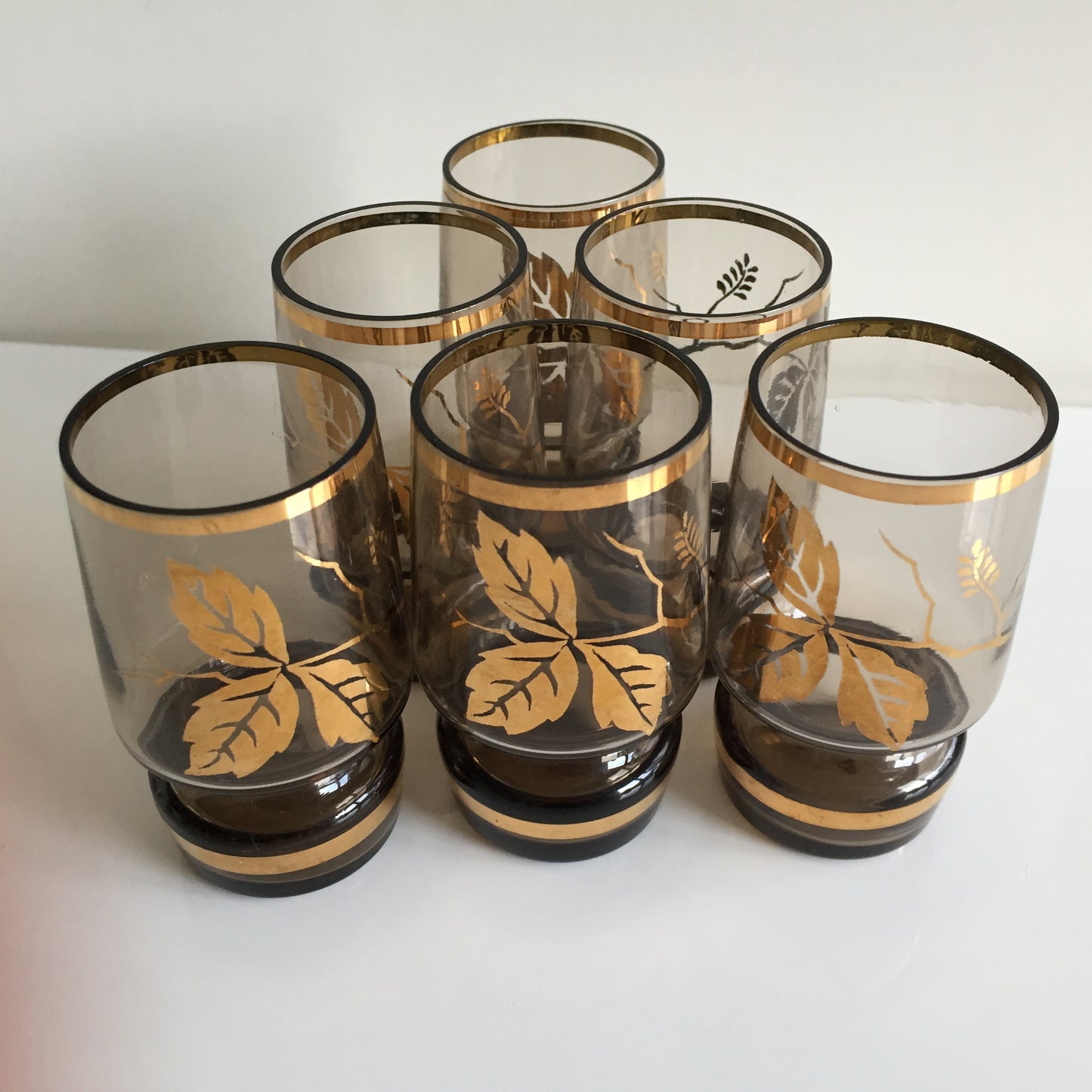 Vintage Bohemian Smoke Glass Shot Glasses Set of 6 | 22k Gold Leaf Design