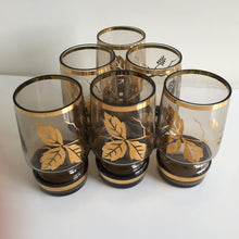 Load image into Gallery viewer, Vintage Bohemian Smoke Glass Shot Glasses Set of 6 | 22k Gold Leaf Design