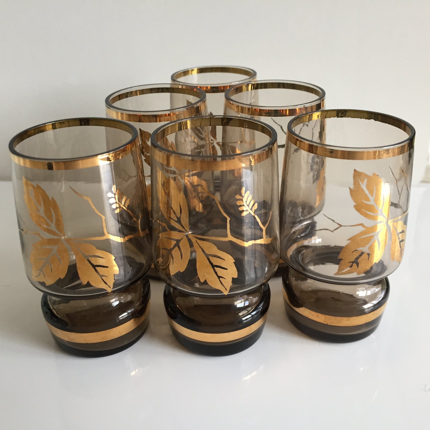 Vintage Bohemian Smoke Glass Shot Glasses Set of 6 | 22k Gold Leaf Design