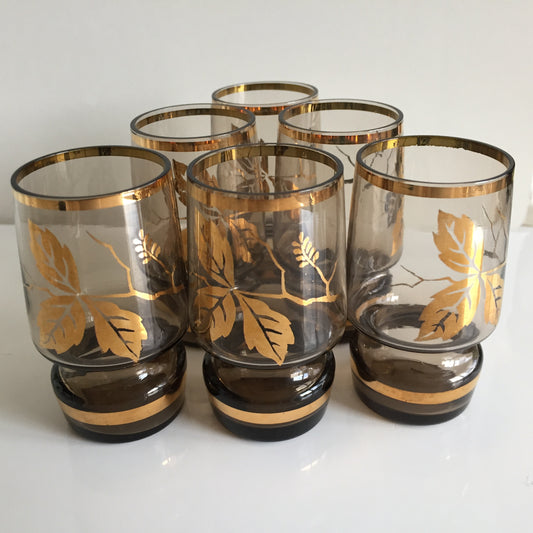 Vintage Bohemian Smoke Glass Shot Glasses Set of 6 | 22k Gold Leaf Design