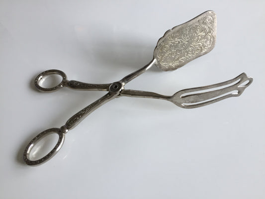 Vintage Silver Plated Scissor Cake Serving Tongs with Engraving